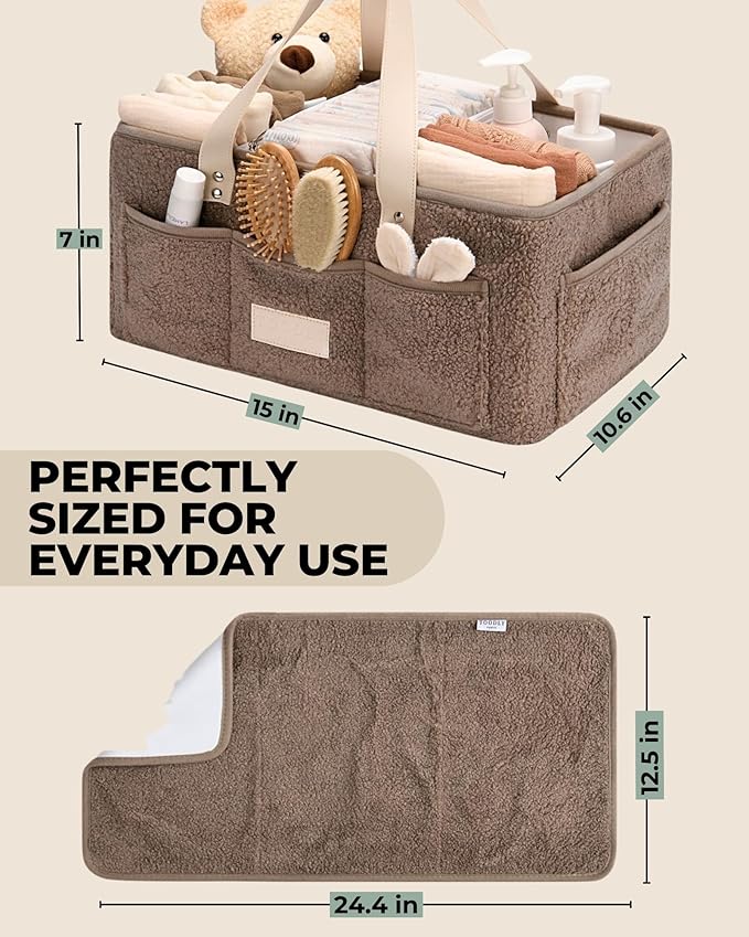 Baby Diaper Caddy Organizer with Portable Changing Mat - Teddy Fleece Diaper Organizer for Changing Table - Basket for Changing Essentials - Baby Essentials Organizer with Removable Dividers