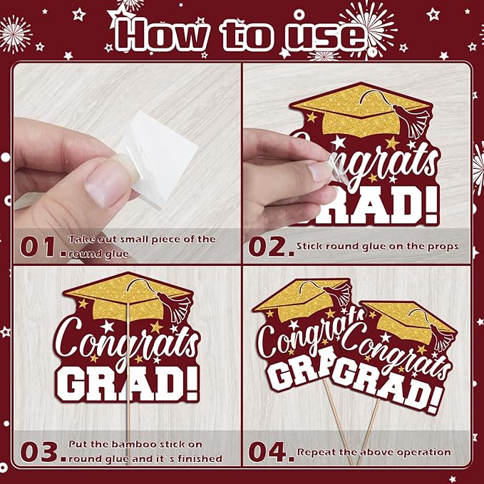 2026 Graduation Party Decorations - 24 Pcs Class of 2026 Congrats Grad Table Centerpieces Graduation Table Decorations Sticks Table Toppers for Graduation Party (Maroon Gold)