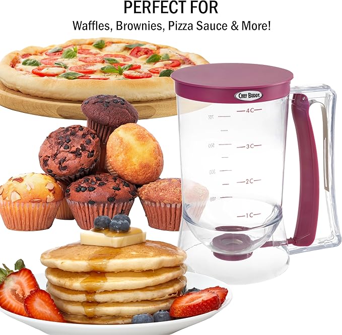 Pancake Batter Dispenser - 4-Cup Batter Dispenser with Squeeze Handle for Pancakes, Waffles, Muffins, and Crepes - Baking Tools (Purple)