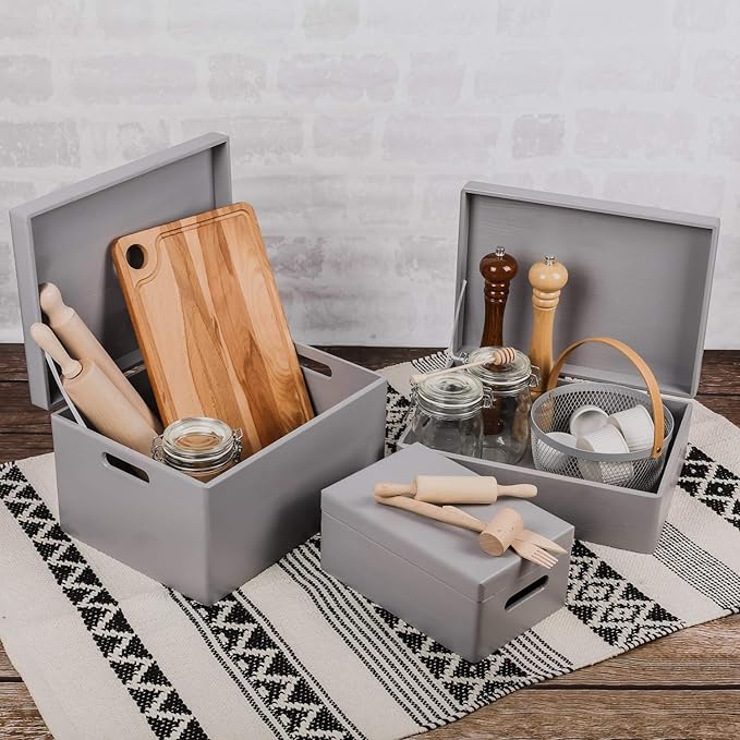 Creative Deco XL Gray Wooden Box Storage with Hinged Lid | 15.8x11.8x5.5in (+-0.5) | Keepsake with Handles | Gift Box for Tool Dog Toy Kitchen Storage | Wood Chest Trunk