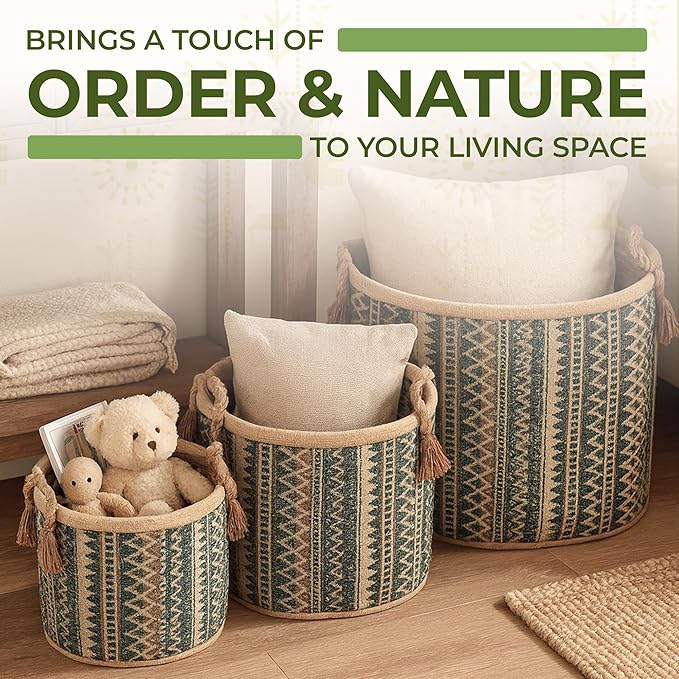 Set of 3 Handwoven Sedge Grass Baskets with Turquoise Brocade Cover ā Decorative Woven Storage Baskets for Laundry, Toys & Blankets ā Natural Wicker Hampers for Home & Bedroom Decor