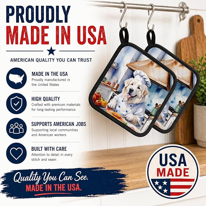 Caroline's Treasures Great Pyrenees The Chef Pair of Pot Holders Kitchen Heat Resistant Pot Holders Sets Oven Hot Pads for Cooking Baking BBQ, 7 1/2 x 7 1/2