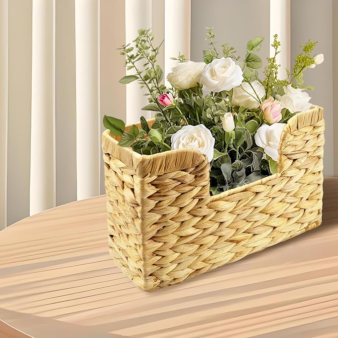 Woven Hanging Magazine Holder, Water Hyacinth Mail Basket Wall Mounted Magazine Basket Rack with Handle for Book, Files Bathroom, Home, Office - 11.75 X 4.2 X8 Inch