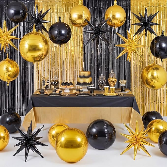 Seenelling 25 Pcs Black and Gold Graduation Party Decorations 2026 Sets 22 Inch 4d Large Stars Balloons with Metallic Tinsel Foil Fringe Backdrop Curtains for Roaring 20s Party Birthday Wedding Decor