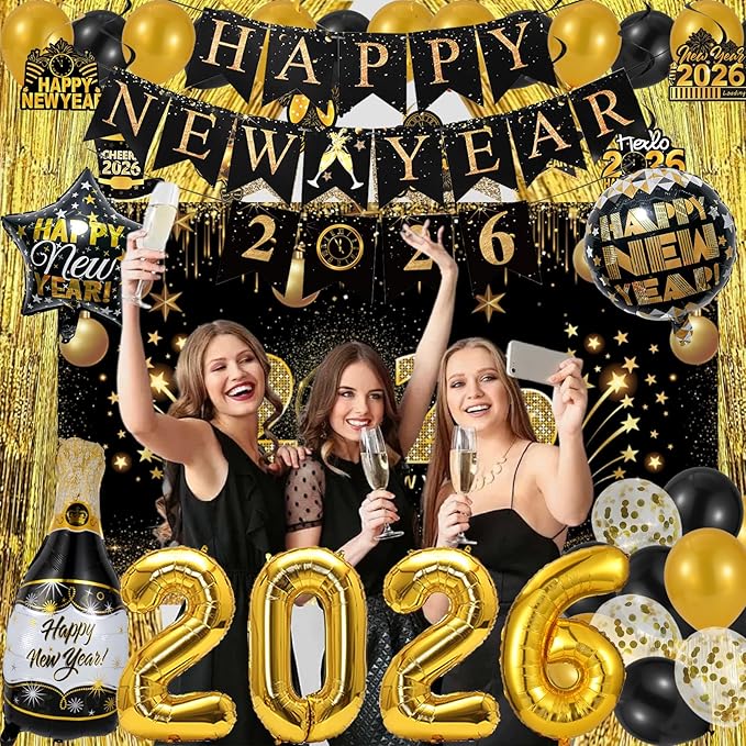 New Years Eve Party Supplies 2026, New Years Decorations Backdrop Banner 2026 Balloons Fringe Curtains Foil Balloons Swirls for NYE Party Backdrop Decor