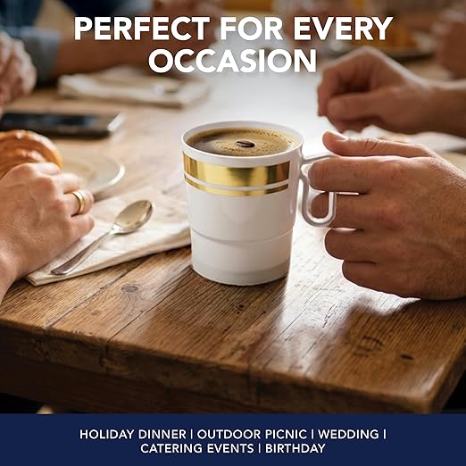 Party Essentials Bistro Hard Plastic Coffee Cup/Tea Mug w/Handle, 40 Count, 8-Ounce, White with Gold Rim