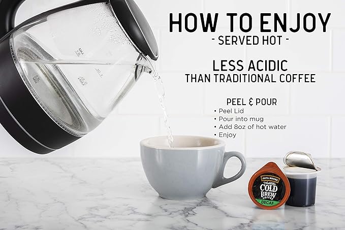 JAVA HOUSE Decaf Medium Roast Cold Brew Capsules, 1.35 Fluid Ounces (12 Count) Peel and Pour, TSA Approved, Travel Friendly Cold Brew, Hot or Iced, Instant Coffee Concentrate