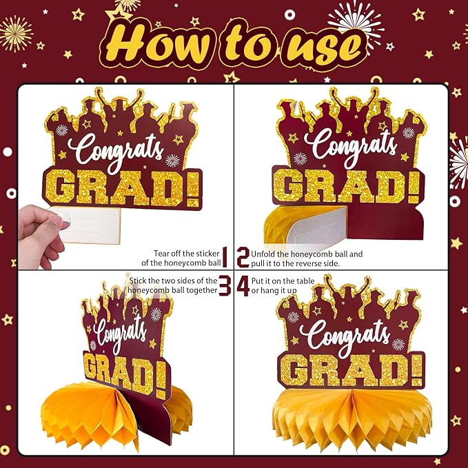 2026 Graduation Party Decorations - 8 Pcs Maroon Gold Class of 2026 Graduation Party Table Decor Honeycomb Centerpieces for Tables Congratulate for 2026 Congrats Grad Party Supplies