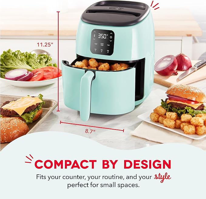 Dash Tasti-Crisp™ Digital Air Fryer – 2.6 Quart Small Compact Mini Air Fryer for French Fries, Nuggets & More, 1-2 People, Auto Shut Off, Adjustable Temp, Dishwasher Safe Parts - Aqua
