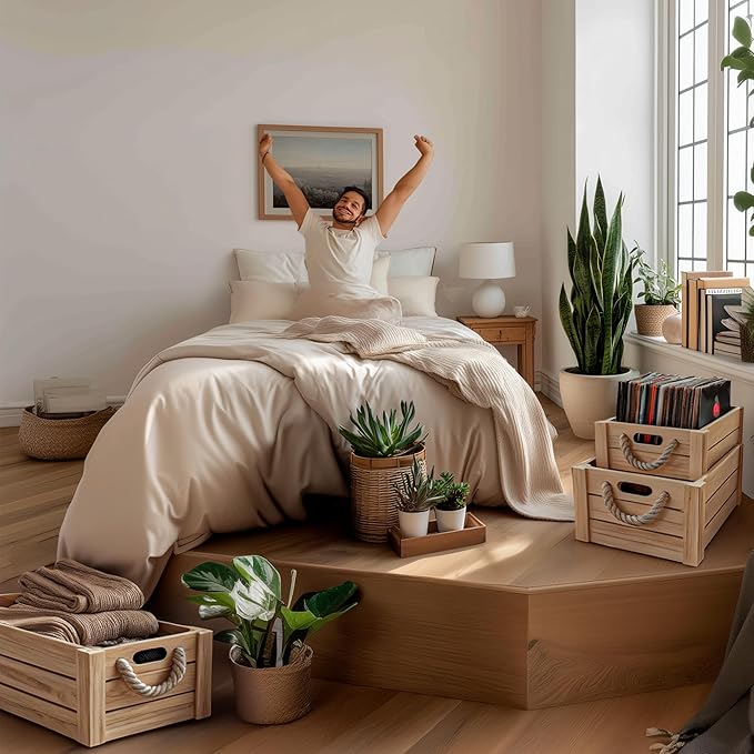 Set of 3 Rustic Nested Wooden Crates with Rope Handles - Decorative Farmhouse Storage Boxes for Kitchen, Living Room & Bathroom - Modern Wood Grain Home Organization