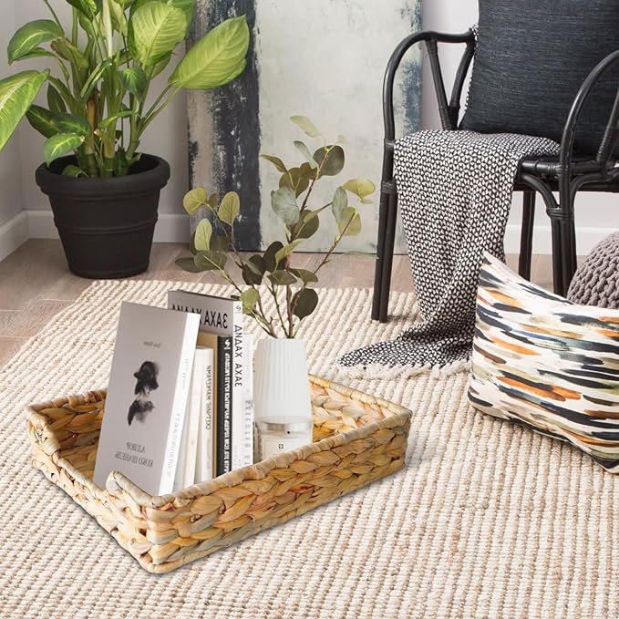 2 Pcs A4 File Tray, Natural Water Hyacinth Desk Basket, Wicker Paper Tray File Basket for Desk Organizer, Woven Letter Size Documents Trays for Office,Toilet Tank Organizer