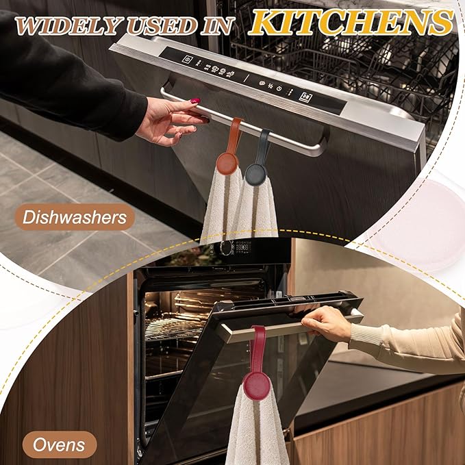 uxcell 4 Pcs Kitchen Magnetic Towel Clips, Leather Towel Holder Clip Multi-Purpose Hand Hooks Kitchen Accessories for Oven Handles Bars Racks, White