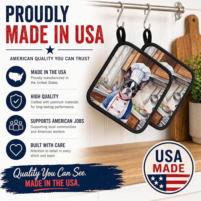 Caroline's Treasures Boston Terrier The Chef Pair of Pot Holders Kitchen Heat Resistant Pot Holders Sets Oven Hot Pads for Cooking Baking BBQ, 7 1/2 x 7 1/2