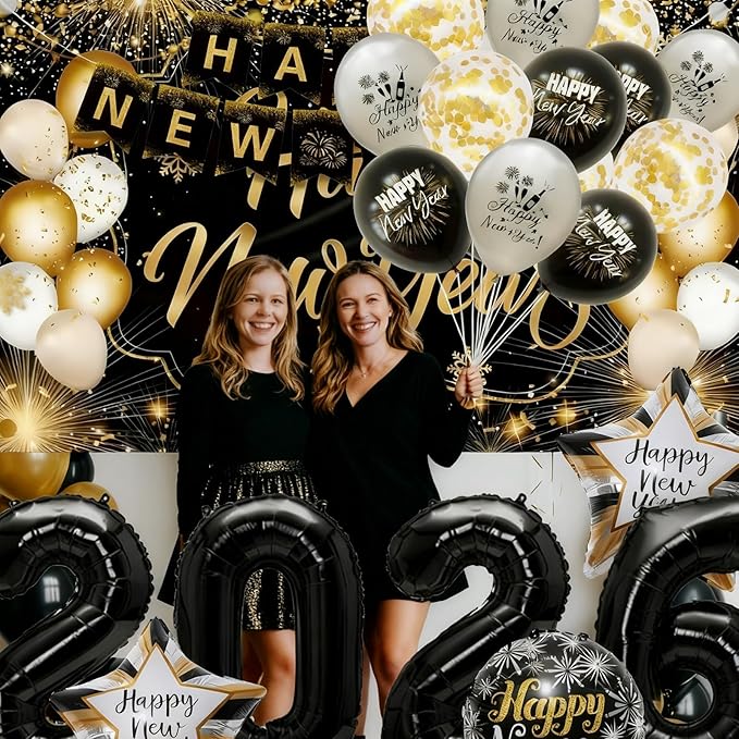 New Years Eve Party Supplies 2026 Set, Black and Gold Happy New Year Banner Decorations Backdrop 2026 Balloon Numbers New Year Foil Balloons for New Years Eve Party Supplies