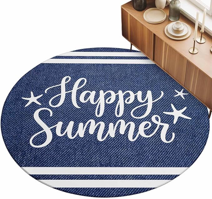 Washable Round Area Rug Happy Summer Quote Ocean Starfish Circle Rugs Floor Carpet for Living Room Bedroom, Navy Blue Stripe Denim Texture Soft Non Slip Round Rug 3ft
