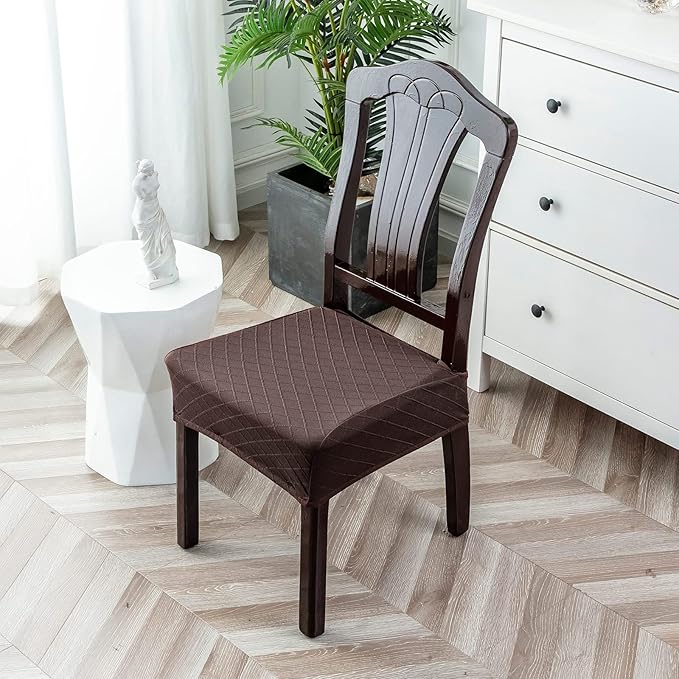 Genina Waterproof Seat Covers for Chairs,Set of 2 Dining Room Chair Seat Covers for Kitchen,Stretch Jacquard Removable Washable Dining Chair Slipcovers Protectors,No Rear Covers, Chocolate