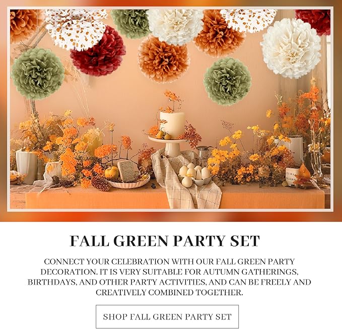 NICROLANDEE Fall Party Decorations, 12 PCS Pumpkin Orange Burgundy Sage Green Ivory Tissue Pom Poms Thanksgiving Decor for Home, Wedding, Birthday, Autumn Harvest Party Supplies