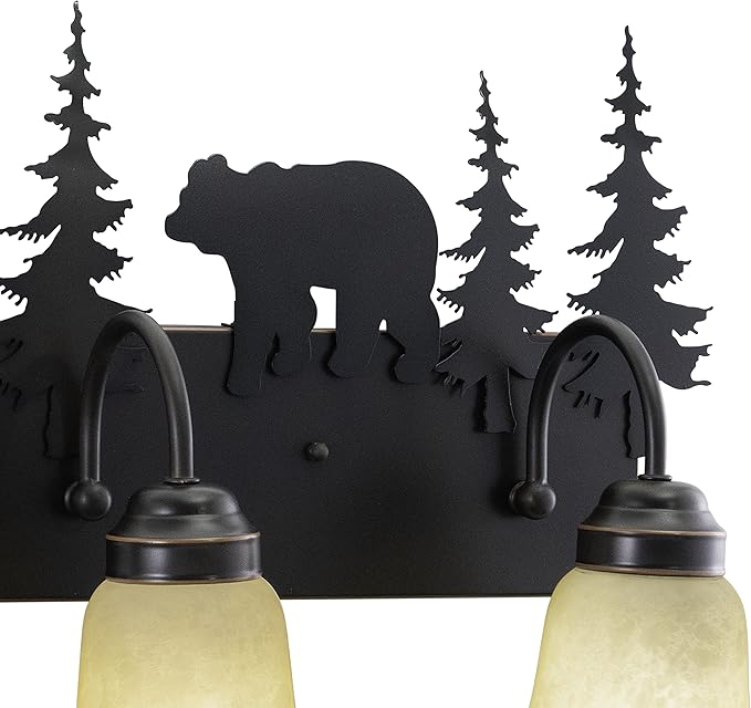 VAXCEL Bozeman 3-Light 24.75 inch Wide Burnished Bronze Rustic Cabin Bathroom Vanity Lighting Fixture, Amber Flake Glass Shade, Bear and Trees, Dimmable, LED Compatible, Over the Mirror Wall Mounted