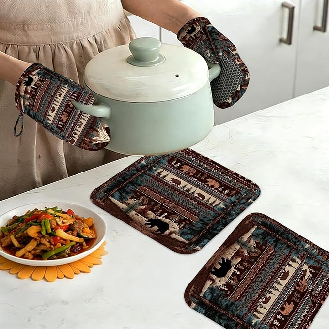 Oven Mitts and Pot Holders Vintage Bear Mountain Silicone Kitchen Accessories Set of 4 Heat Resistant Gloves Potholder Non-Slip Grip for Chef Cooking Baking Grilling BBQ
