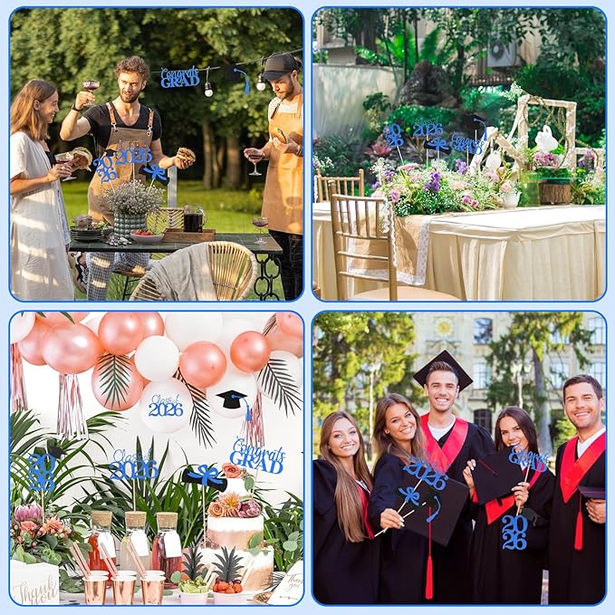 Graduation Decorations 2026, 20 PCS Sparkling Black and Blue Double-Sided Centerpiece Sticks for Tables, Class of 2026 Table Toppers and Party Supplies