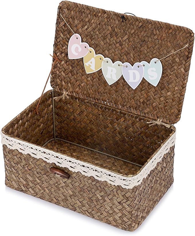 Hipiwe Wedding Card Basket Box Decorative Cards Holder with Letter Flag Handwoven Seagrass Basket Card Receiving Box for Wedding Reception, Baby Shower, Birthday Party, Graduation, Coffee Color