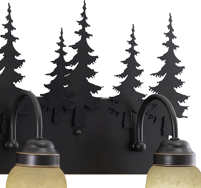 VAXCEL Yosemite 3-Light 24.75 inch Wide Burnished Bronze Rustic Cabin Bathroom Vanity Lighting Fixture, Amber Flake Glass Shade, Tree Motif, Dimmable, LED Compatible, Over the Mirror Wall Mounted