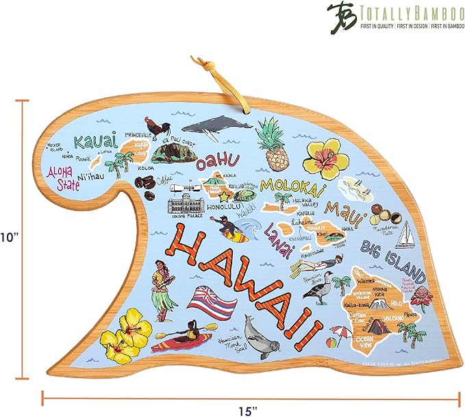 Totally Bamboo Hawaii State Shaped Cutting Board and Charcuterie Serving Platter with Artwork by Fish Kiss, Includes Hang Tie for Wall Display