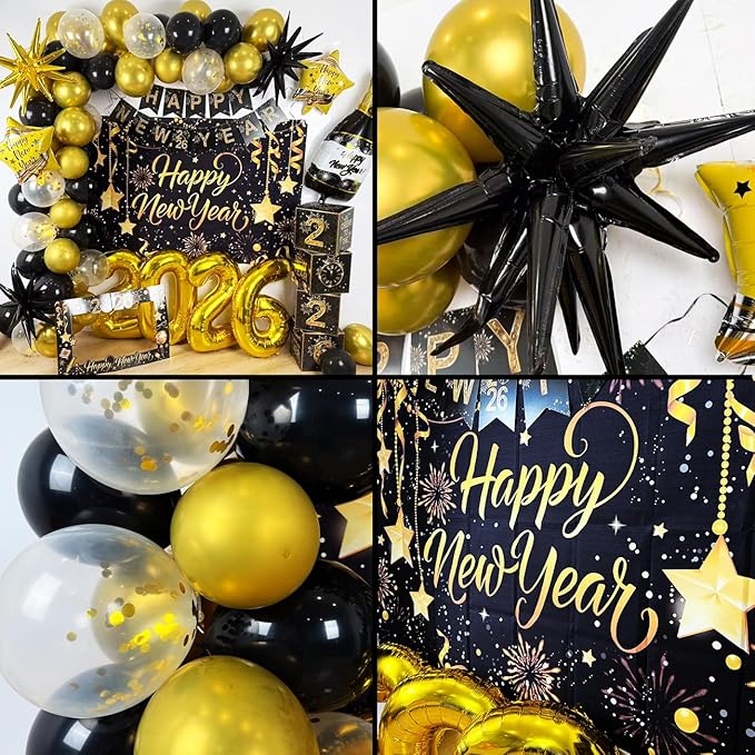 2026 New Years Decorations Black and Gold New Years Eve Balloons 2026 Banner Backdrop,Photo Booth Props,4pcs Cards Boxes Kit for 2026 Eve Party Supplies in Indoor or Outdoor