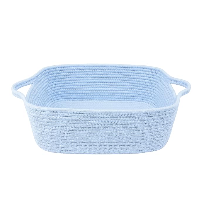 XUANGUO Woven Cotton Rope Storage Basket with Handles for Organizing Shelves Closet Small Cat Dog Pet Toy Baskets Box Bin Decorative Rectangle Baby Nursery Basket Gift Basket Empty blue