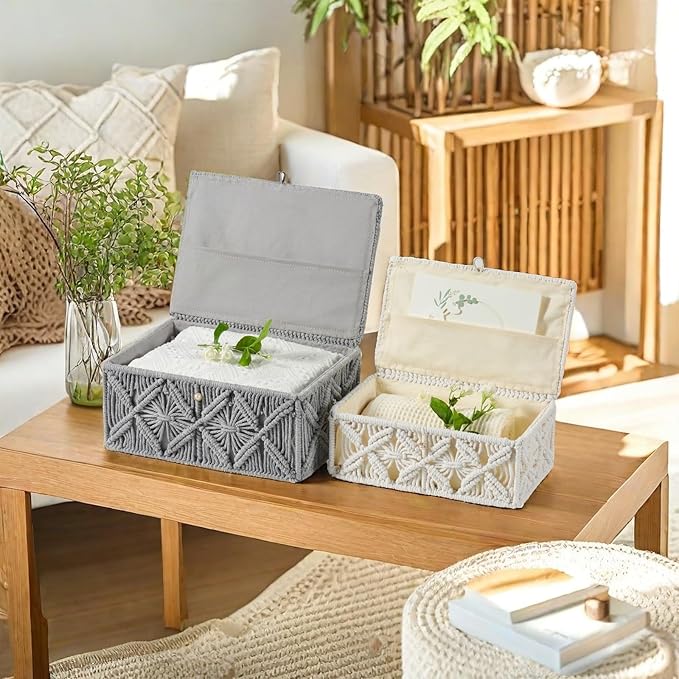 Decorative Boho Storage Baskets with Lid Bohemian Macrame Jewelry Box Handmade Natural Cotton Rope Woven Bins Memory Keepsake Photo Makeup Organizer Shelf Container (Off White, Large)
