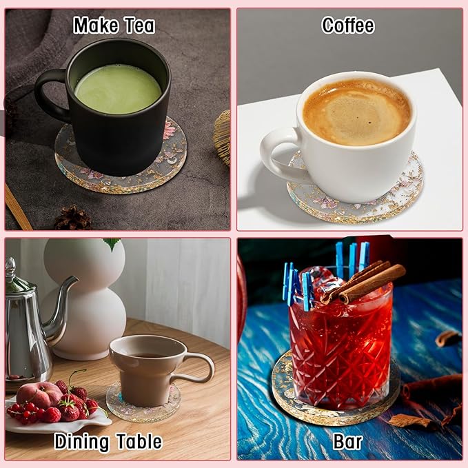 2 Pack Dried Floral Coasters, Flower Drink Resin Coasters Non-SlipDrink Cup Mat for Tabletop Protection Reusable Round Kitchen Utensils for Dining Cups Coffee Bar Mugs Table Wooden Desk