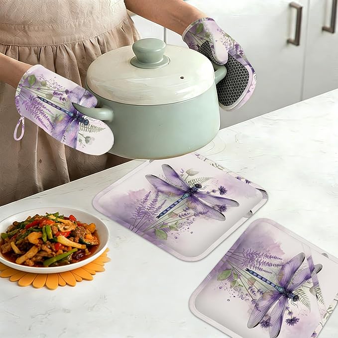 Watercolor Dragonfly Oven Mitts and Pot Holders Set of 4,Lavender Floral Kitchen Glove Heat Resistant Oven Mitts with Non-Slip Silicone for Baking, Cooking, BBQ