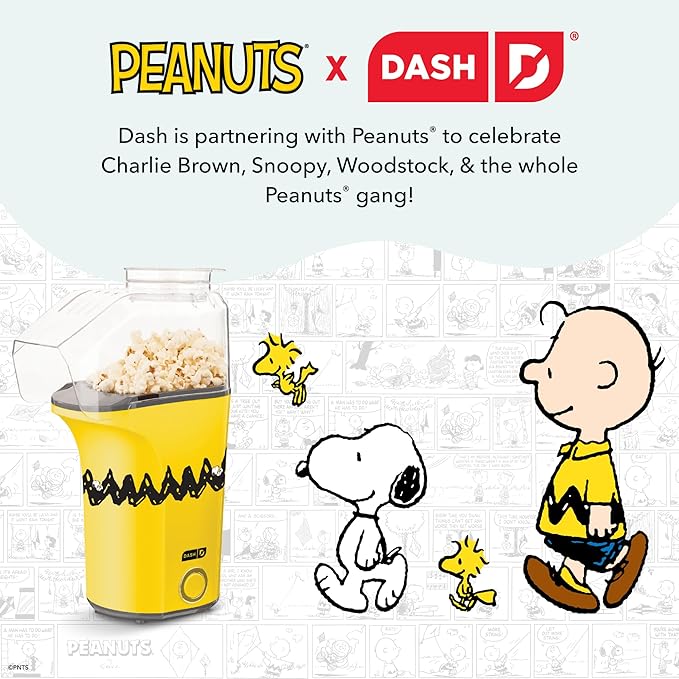 Peanuts DASH Fresh Pop Popcorn Maker - Oil-Free, Air Popcorn Popper - With Measuring Cup & Recipe Guide - Perfect for Movie Nights - 16 Cups