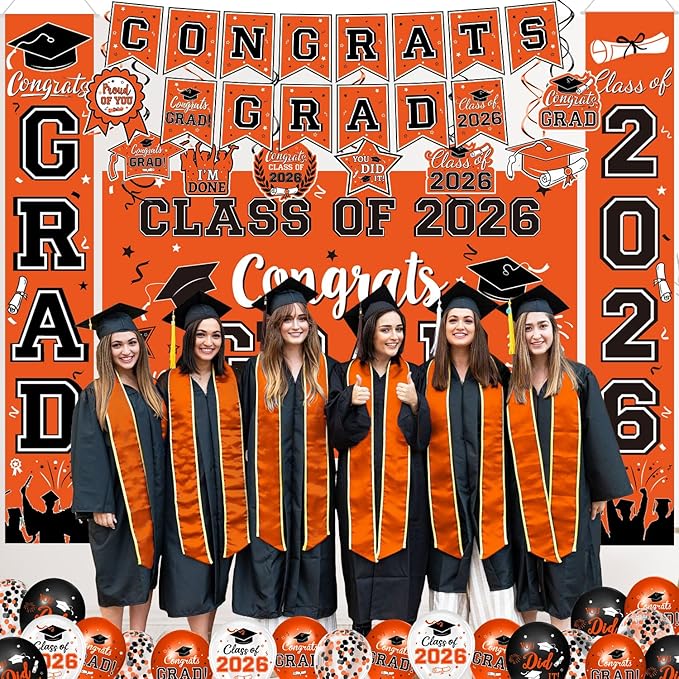 Graduation Decorations Class of 2026 - Orange Graduation Party Supplies Congrats Grad Backdrop & Banner, Hanging Swirls, Porch Sign, Balloons for High School & College Celebrations