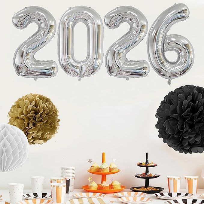 Silver 2026 Balloons, 40 Inch 2026 Number Balloon Foil New Year Balloon Numbers for New Years Eve Party Graduation Party Decoration