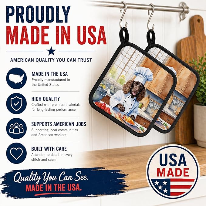Caroline's Treasures American Water Spaniel The Chef Pair of Pot Holders Kitchen Heat Resistant Pot Holders Sets Oven Hot Pads for Cooking Baking BBQ, 7 1/2 x 7 1/2