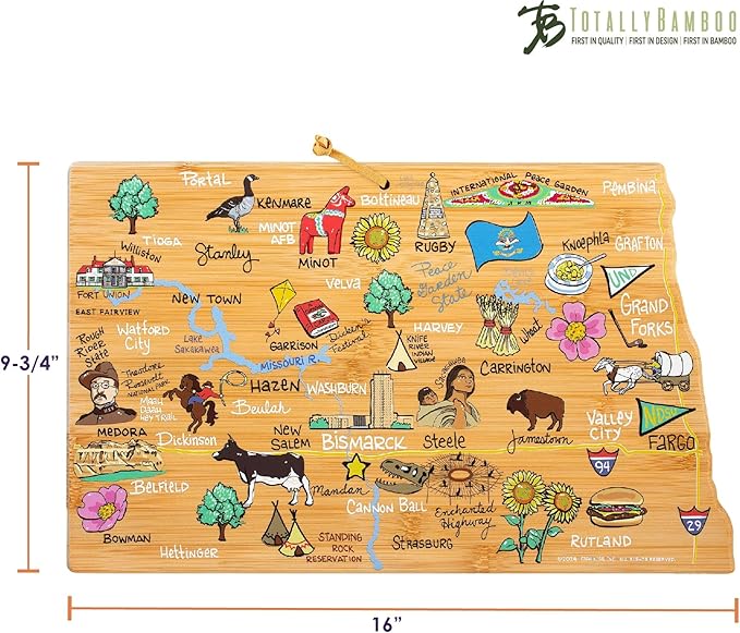 Totally Bamboo North Dakota State Shaped Cutting Board and Charcuterie Serving Platter with Artwork by Fish Kiss, Includes Hang Tie for Wall Display