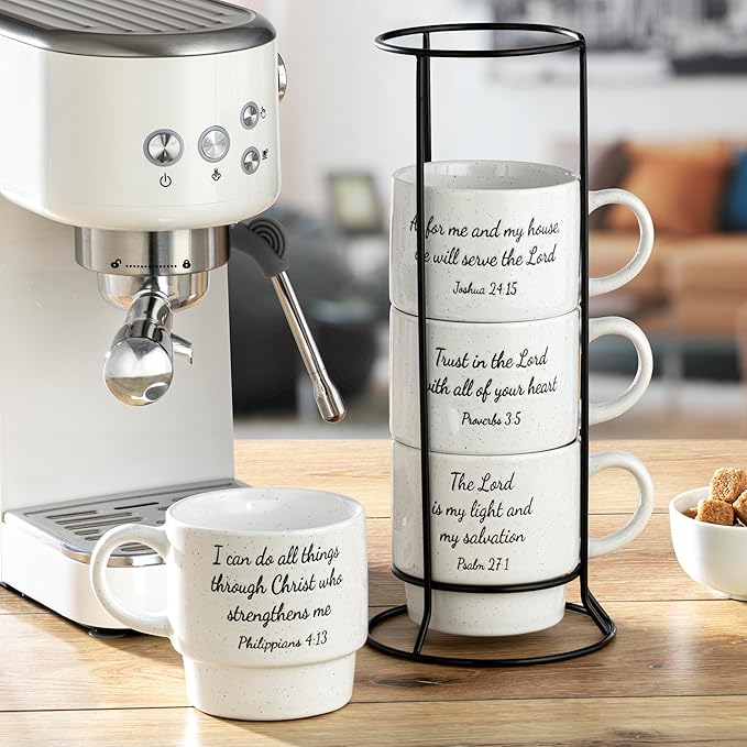 Signature Housewares Stackable Coffee Mug Tower Set with Metal Wire Rack - 15 Ounce Coffee Mugs for Coffee, Tea, Cocoa, Milk, Cappuccino, Hot Chocolate Set of 4 - Inspirational Bible Verses