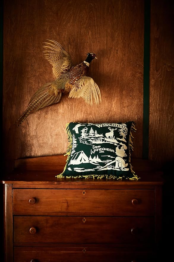 Camp Wandawega Souvenir Fringed Throw Pillow, Vintage Lodge Decorative Pillow, Square 20x20