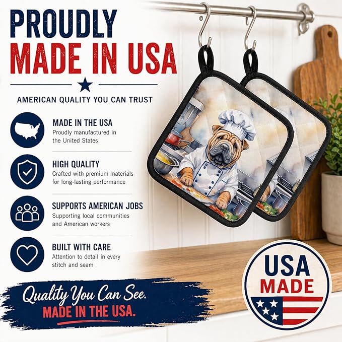 Caroline's Treasures Shar Pei The Chef Pair of Pot Holders Kitchen Heat Resistant Pot Holders Sets Oven Hot Pads for Cooking Baking BBQ, 7 1/2 x 7 1/2
