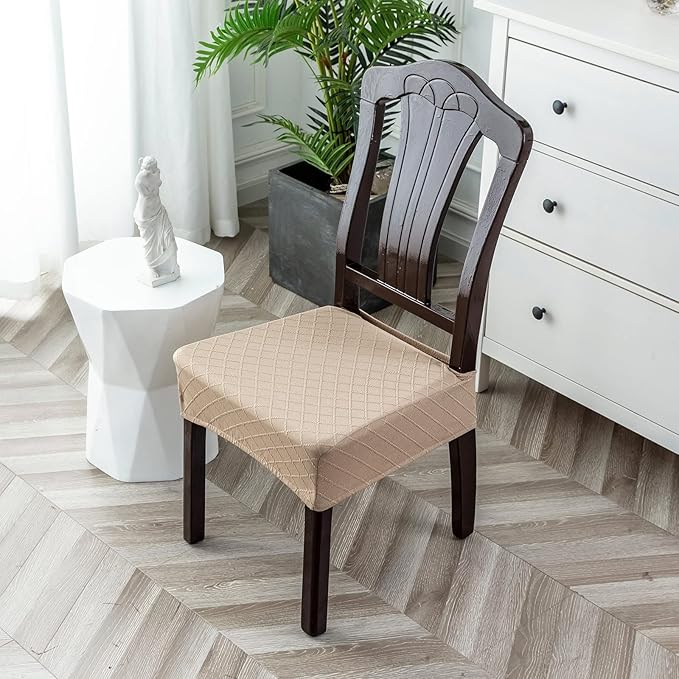 Genina Waterproof Seat Covers for Chairs,Set of 6 Dining Room Chair Seat Covers for Kitchen,Stretch Jacquard Removable Washable Dining Chair Slipcovers Protectors,No Rear Covers, Khaki