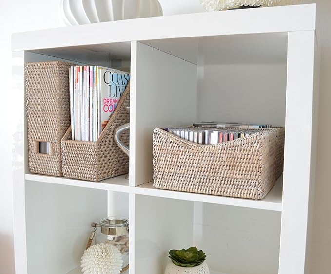 KOUBOO La Jolla Rattan Magazine File, Paper Holder, Desk Basket, Decorative Rack, Book Bin, Office Folder, Desk Organizer, White Wash