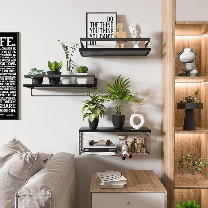Upgrade Towel Racks for Bathroom Wall Mounted, 3 Pack Floating Shelves with Storage Basket, Bathroom Organizes, Wall Mounted Rustic Wood Shelves for Bedroom, Living Room, Kitchen (Black)