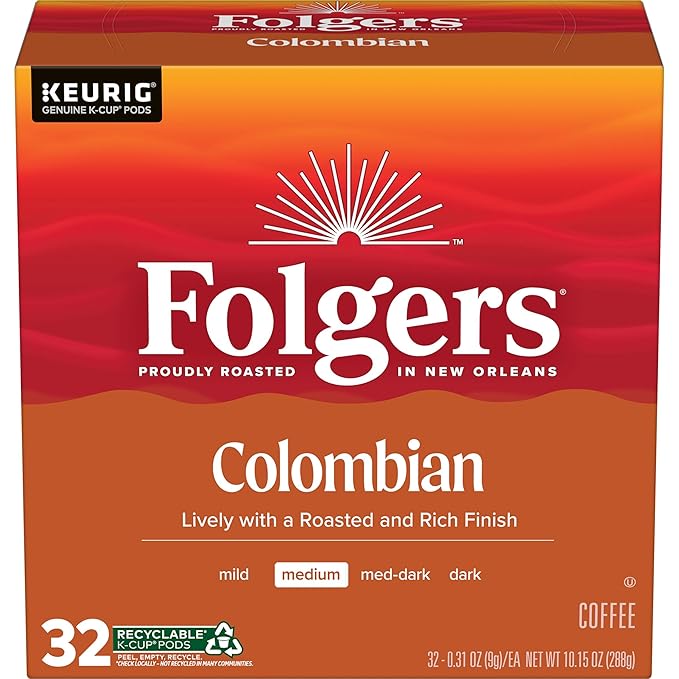 Folgers Colombian Coffee, Medium Roast, Keurig K-Cup Pods, 32 Count Boxes (Pack of 4)