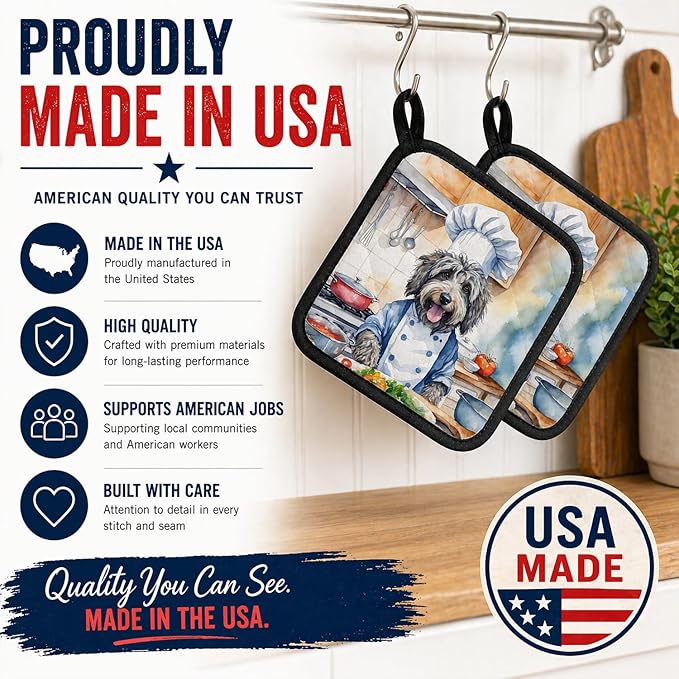 Caroline's Treasures Bergamasco Sheepdog The Chef Pair of Pot Holders Kitchen Heat Resistant Pot Holders Sets Oven Hot Pads for Cooking Baking BBQ, 7 1/2 x 7 1/2