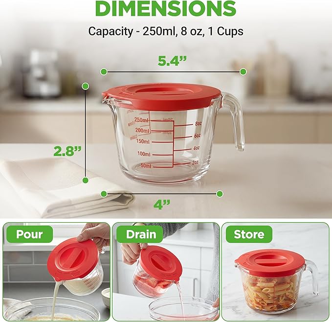 NutriChef 1 Cup Glass Measuring Cup with Lid (8 oz) - Heat-Resistant Borosilicate Liquid Measure Cup with Easy-Read Scale for Cooking, Baking and Food Storage, Dishwasher and Freezer Safe