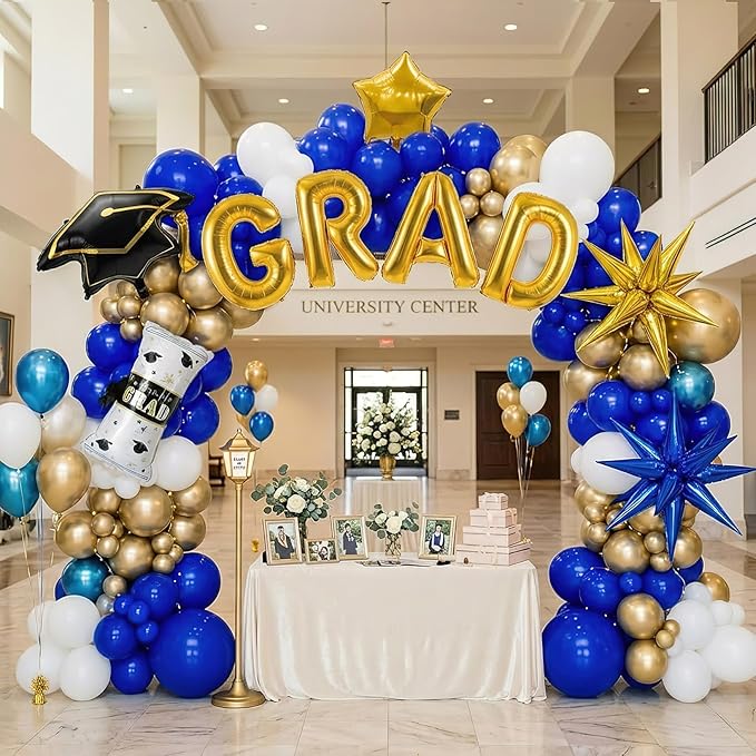 146PCS Graduation Decorations Class of 2026-Blue and Gold Balloon Arch Kit, 3D Explosive Star Foil Balloons, GRAD Letter Balloons, Graduation Cap & Diploma Foil for Congrats Grad Party Supplies