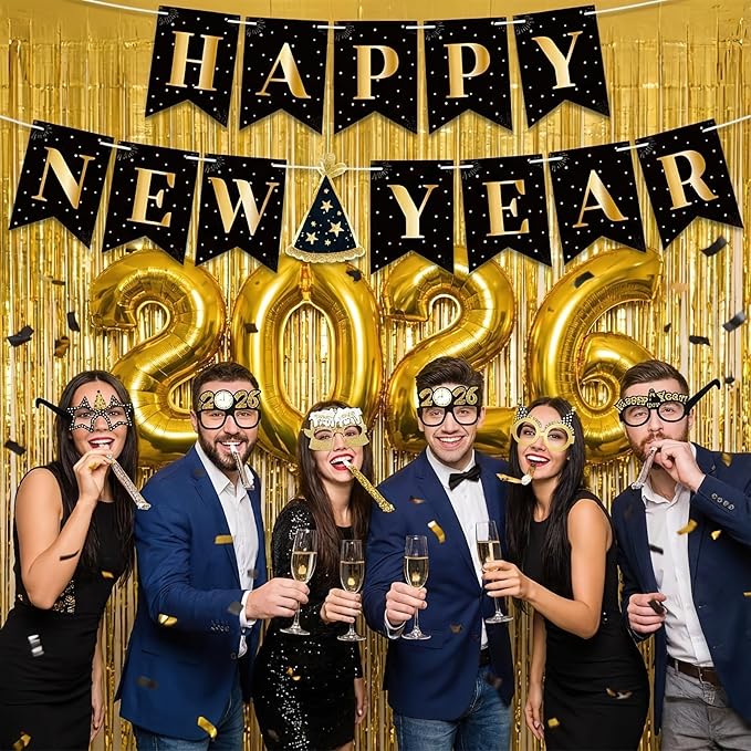 2026 Luxury New Year's Eve Party Decorations Kit | Black Gold White Confetti Balloons Banner, Jumbo 2026 Balloons,Curtain, Champagne Bottle for Countdown Backdrop Supplies