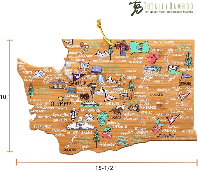 Totally Bamboo Washington State Shaped Cutting Board and Charcuterie Serving Platter with Artwork by Fish Kiss, Includes Hang Tie for Wall Display