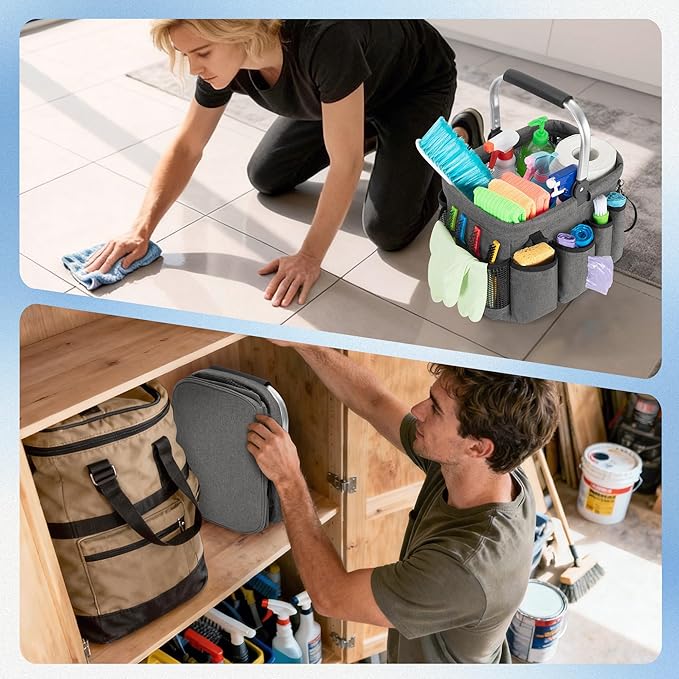 PGmoon Cleaning Caddy Organizer with Handle, Cleaning Tote Bag with Multiple Pockets for Cleaning Supplies, Products Storage, Housekeepers, Car Cleaning, Grey